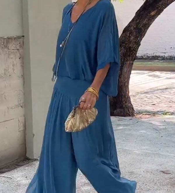 Larisa – Elegantní letní komplet s volnými kalhotami