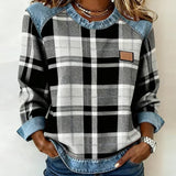 Erica - Women's Flannel Sweatshirt with Denim Details