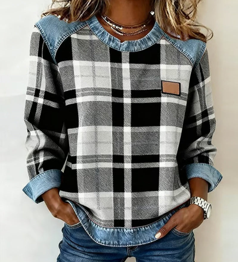 Erica - Women's Flannel Sweatshirt with Denim Details