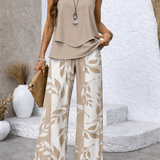 Alina – Letní elegantní kompletní set s botanickým potiskem béžový